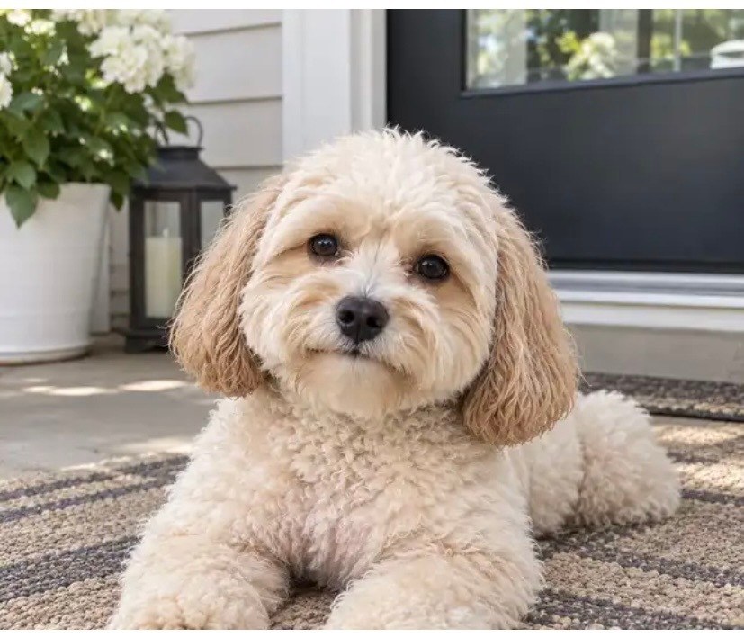 A cream and apricot dog resting on a striped rug on the porch of our home